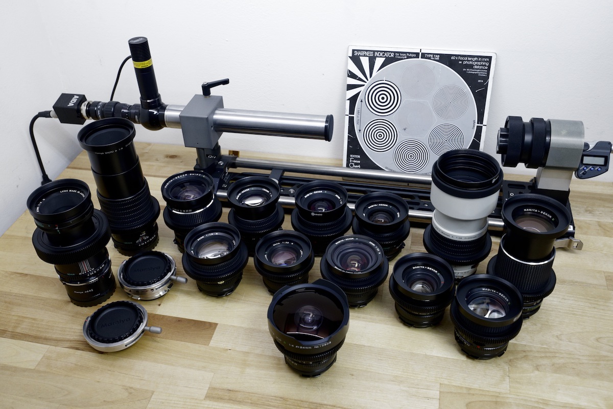 Collection of Mamiya 645 lenses modified for cinema use