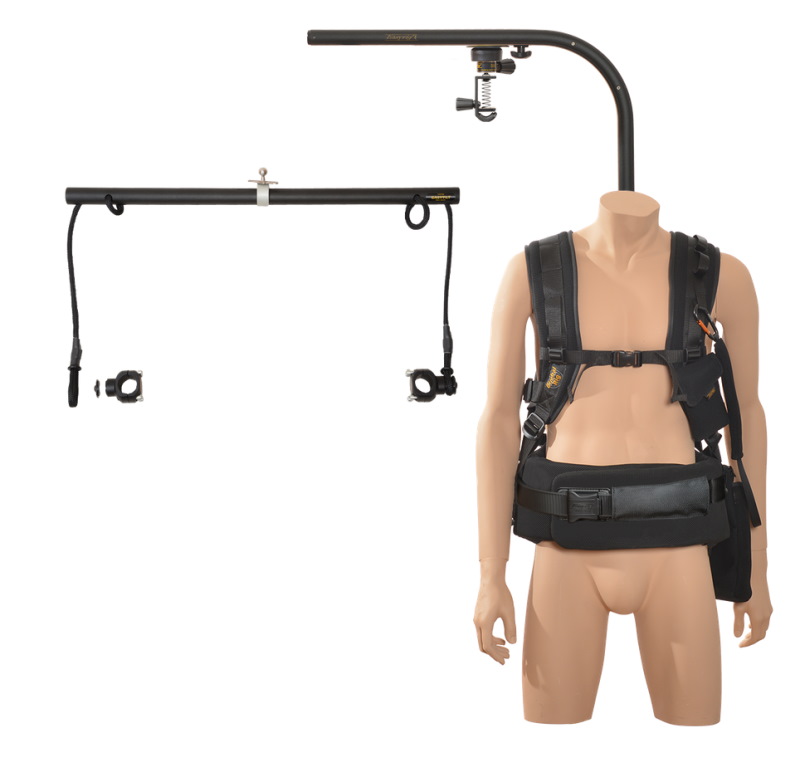 Easy Rig Vario 5 Gimbal rig vest with 9-inch arm and Easy Tilt accessory, worn by a dummy