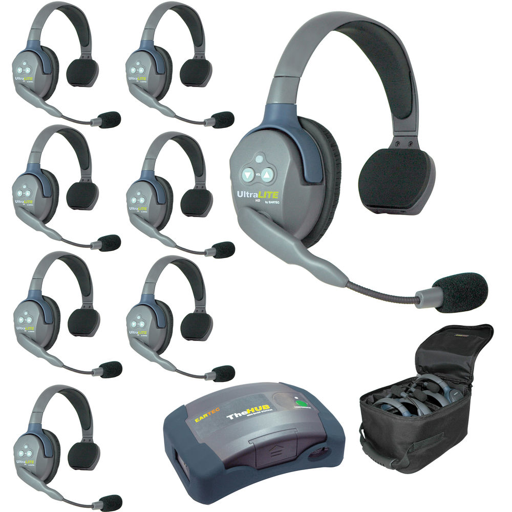 Eartec Ultralite set of 8 communication headsets with base station